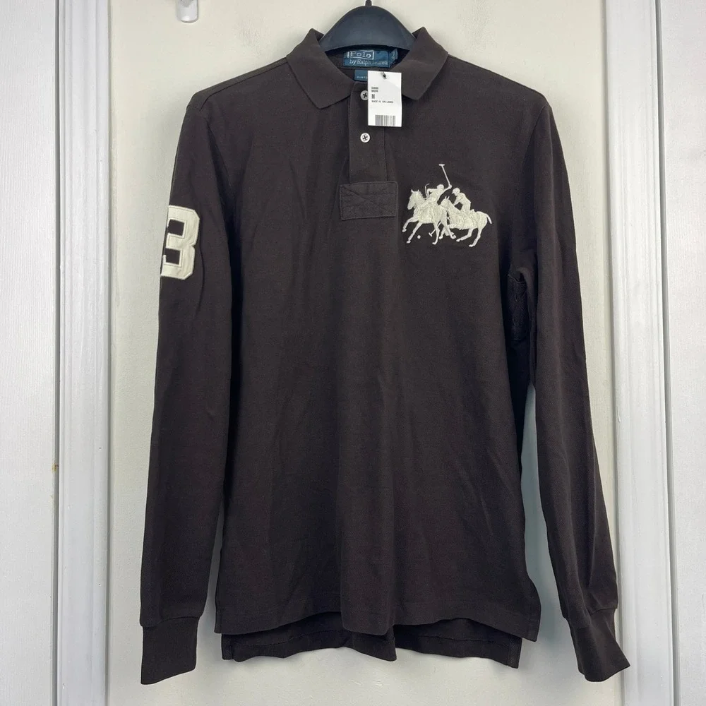 NEW Polo Ralph Lauren BIG PONY Mens M Cotton Long Sleeve Polo Brown‎ Stampede #3